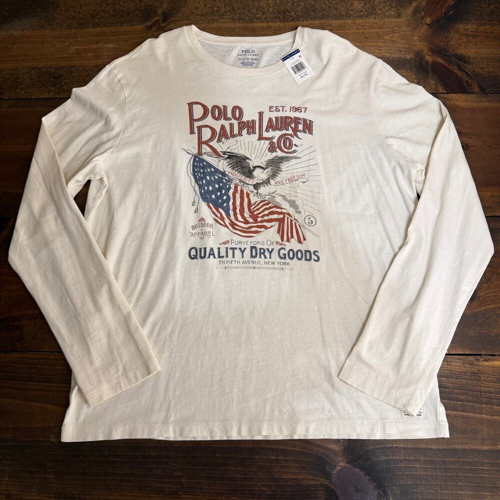 Polo Ralph Lauren Off White Long Sleeve Cotton Flag Graphic T Shirt Men's XL